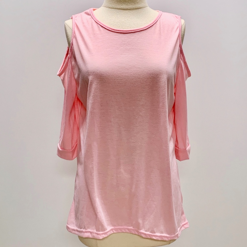 Loose Fit High Low Cold Shoulder Top- Pink